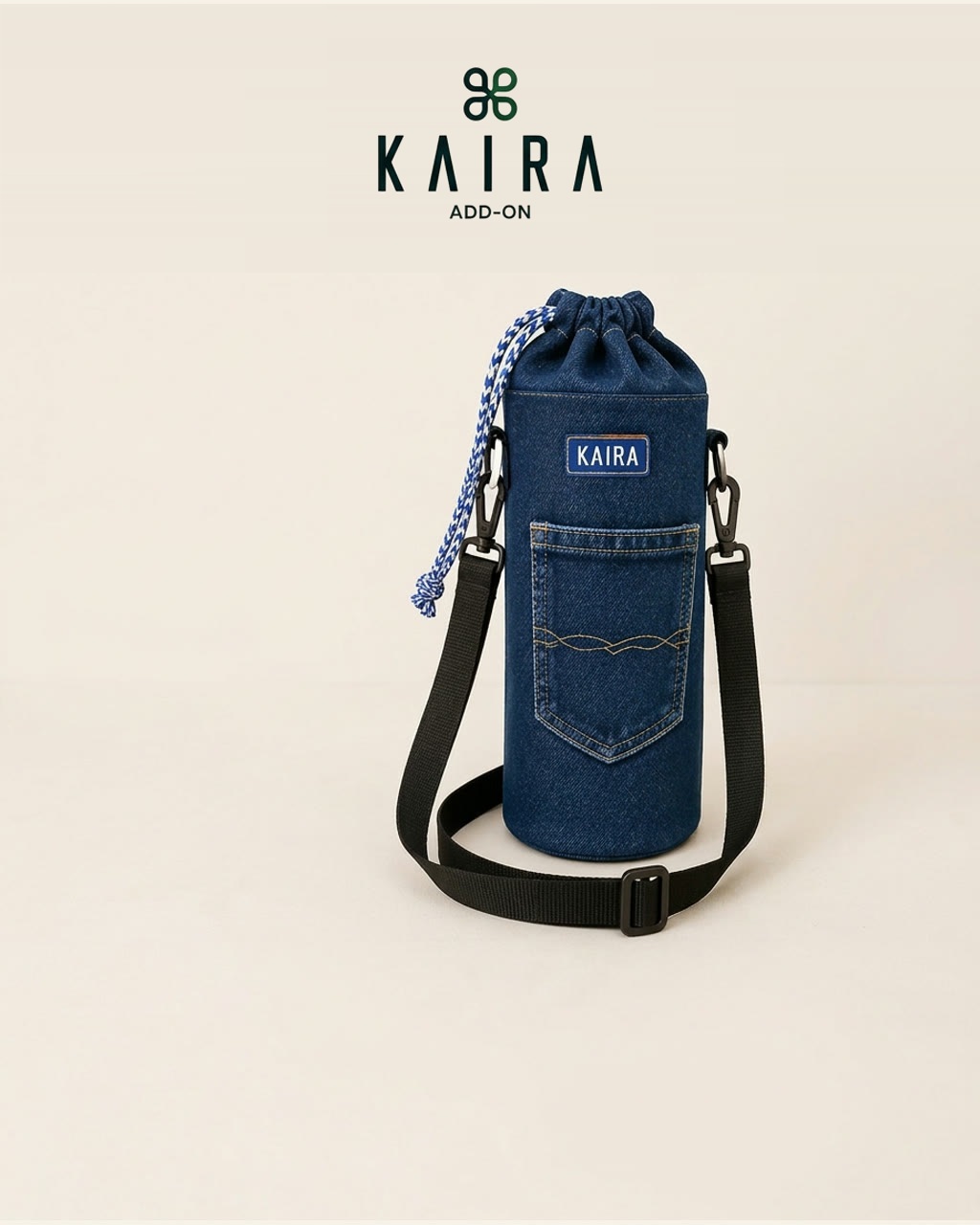 KAIRA.ADDON Denim Bottle Sling Bag, a drawstring bottle carrier with a jeans pocket and detachable shoulder strap