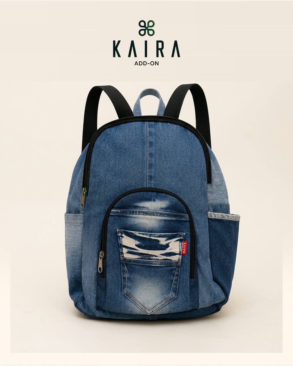 KAIRA.ADDON Denim Backpack in patched upcycled denim with padded straps, a front pocket and side bottle pockets