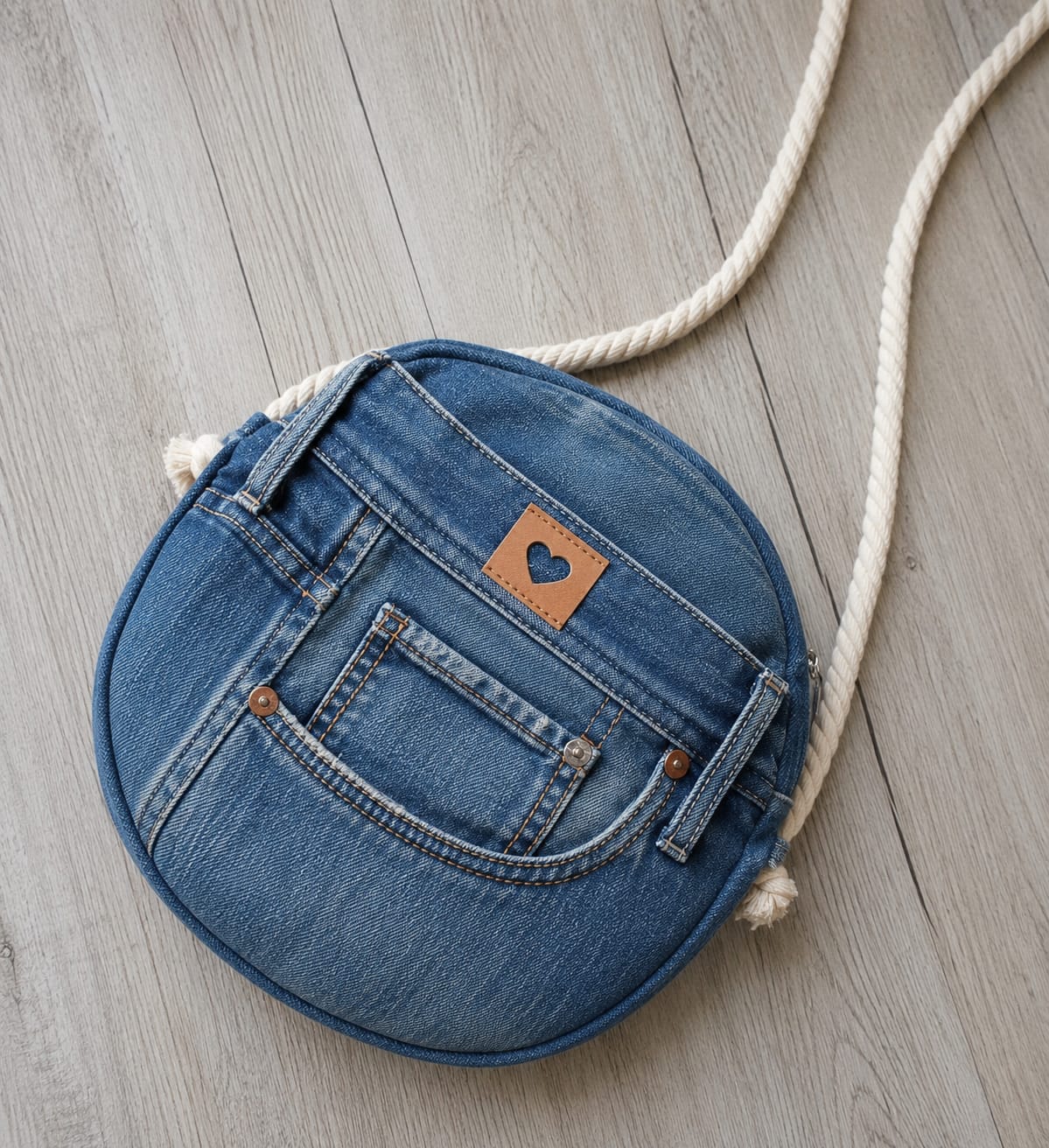 Round denim crossbody bag with rope strap and heart tag