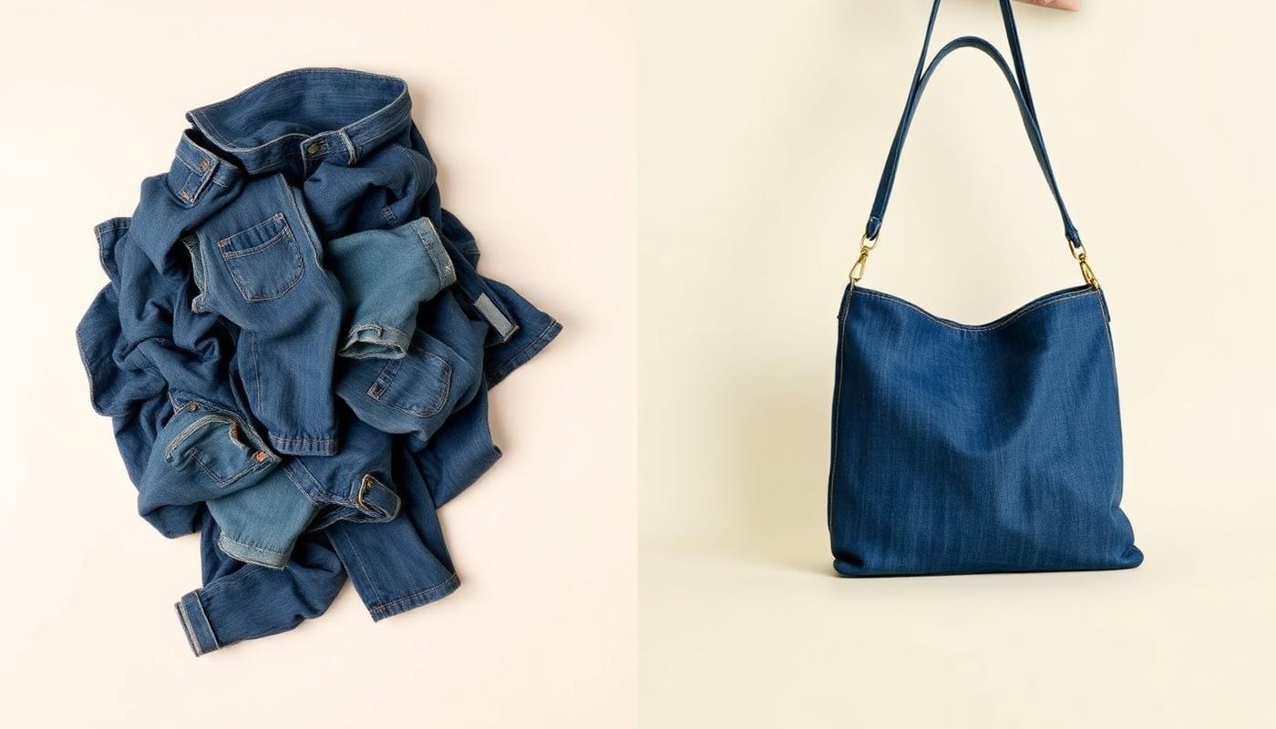 Old jeans laid beside the finished upcycled denim bag they became